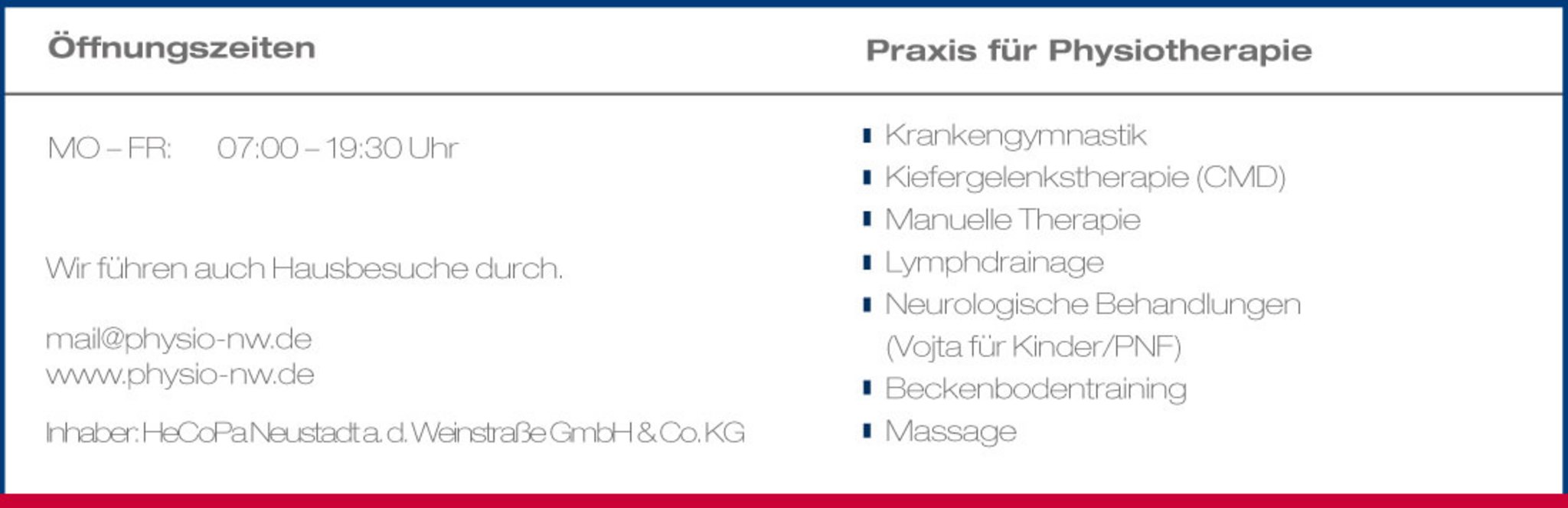 Rückseite der Visitenkarte mit Öffnungszeiten und Leistungsübersicht (Krankengymnastik, Kiefergelenkstherapie, Manuelle Therapie, Lymphdrainage, Neurologische Behandlungen, Beckenbodentraining, Massage).