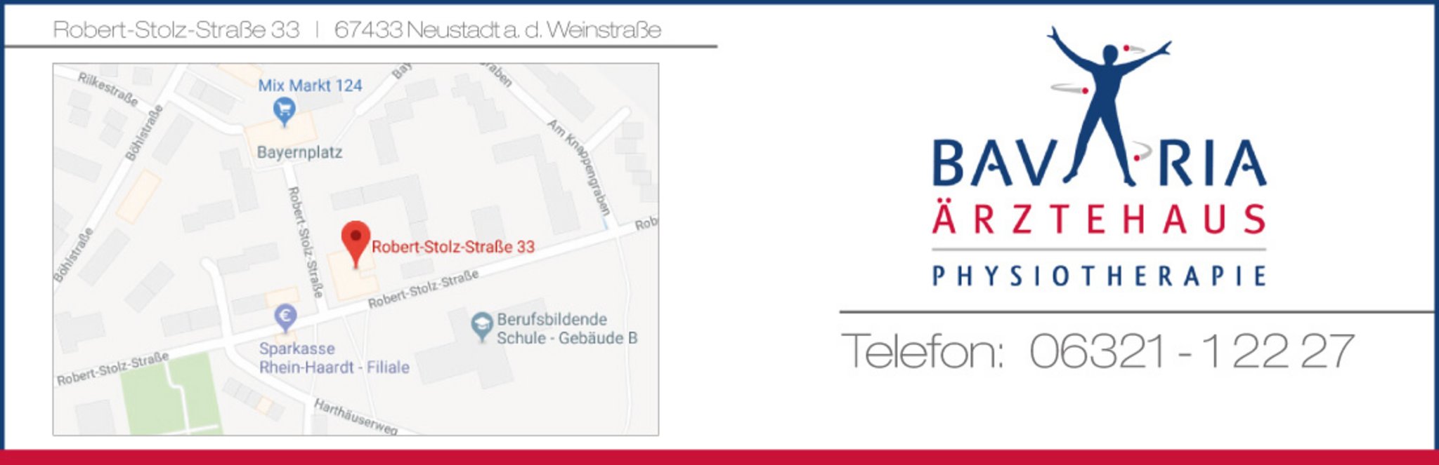 Vorderseite der Visitenkarte mit Anfahrtsskizze, Adresse Robert-Stolz-Straße 33, Neustadt an der Weinstraße, Logo Bavaria Ärztehaus und Telefonnummer.